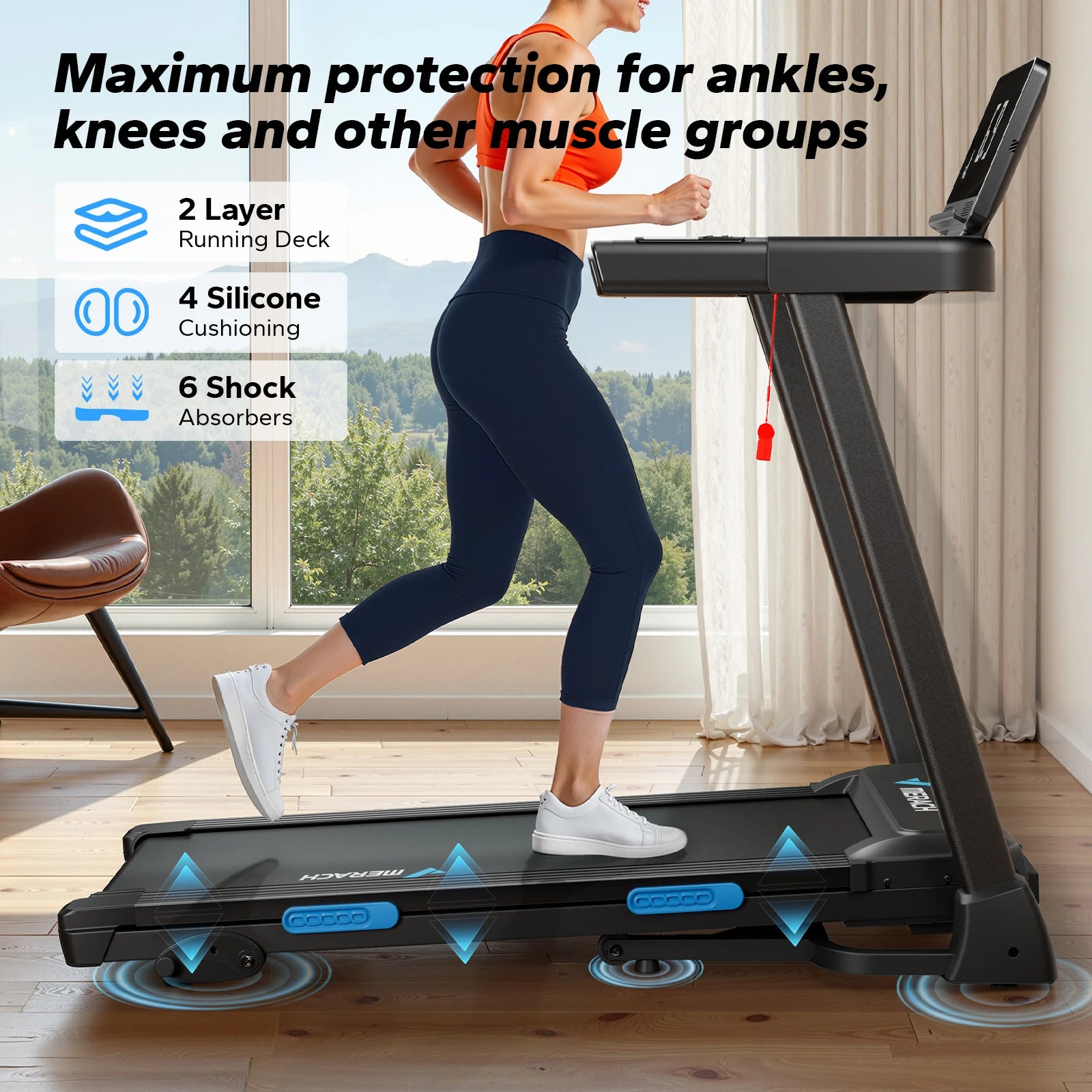 Foldable Treadmill with Incline, Quiet Double‑Deck Technology, 4‑Point Silicone Shock Cushion, Heart Rate Monitoring