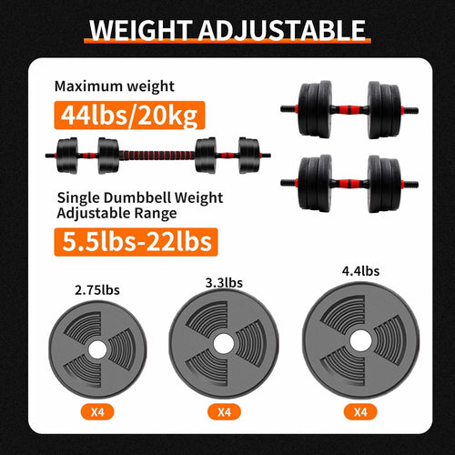 5 to 44lbs Adjustable Dumbbell to Barbell Set with Anti Slip Grip for Versatile Home Gym Strength Training