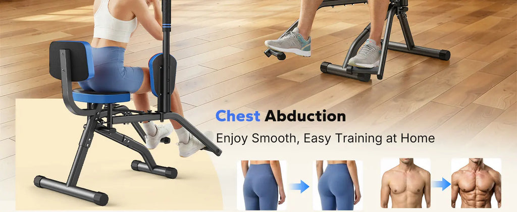Hip Abductor and Adductor Trainer Adjustable Resistance Glute and Inner Thigh Workout Machine for Home Gym featuring Dual Foot Bar 360 Degree Rotating Leg Pads and Bands