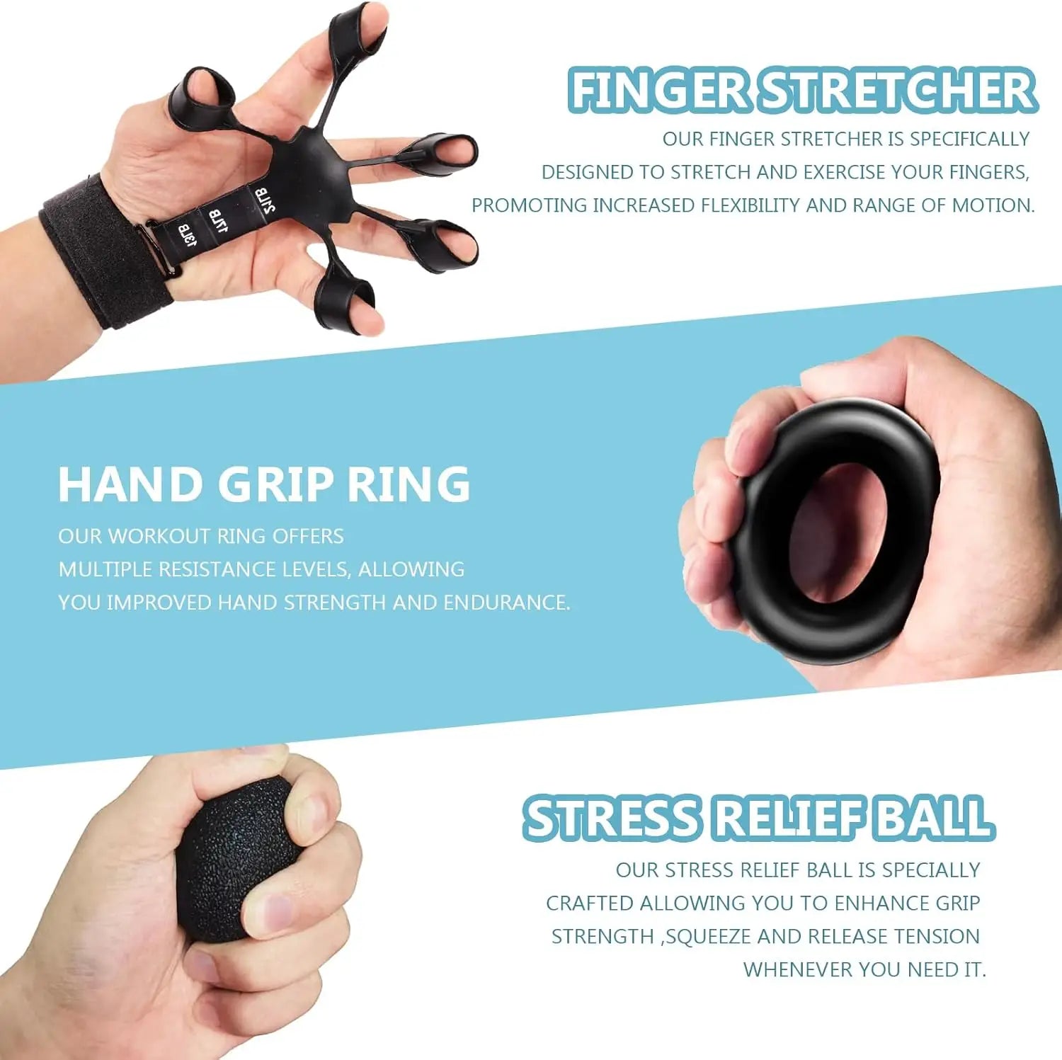 Grip Trainer Kit with Adjustable Hand Gripper Finger and Hand Exercisers Stress Ball and Forearm Ring for Strength and Recovery
