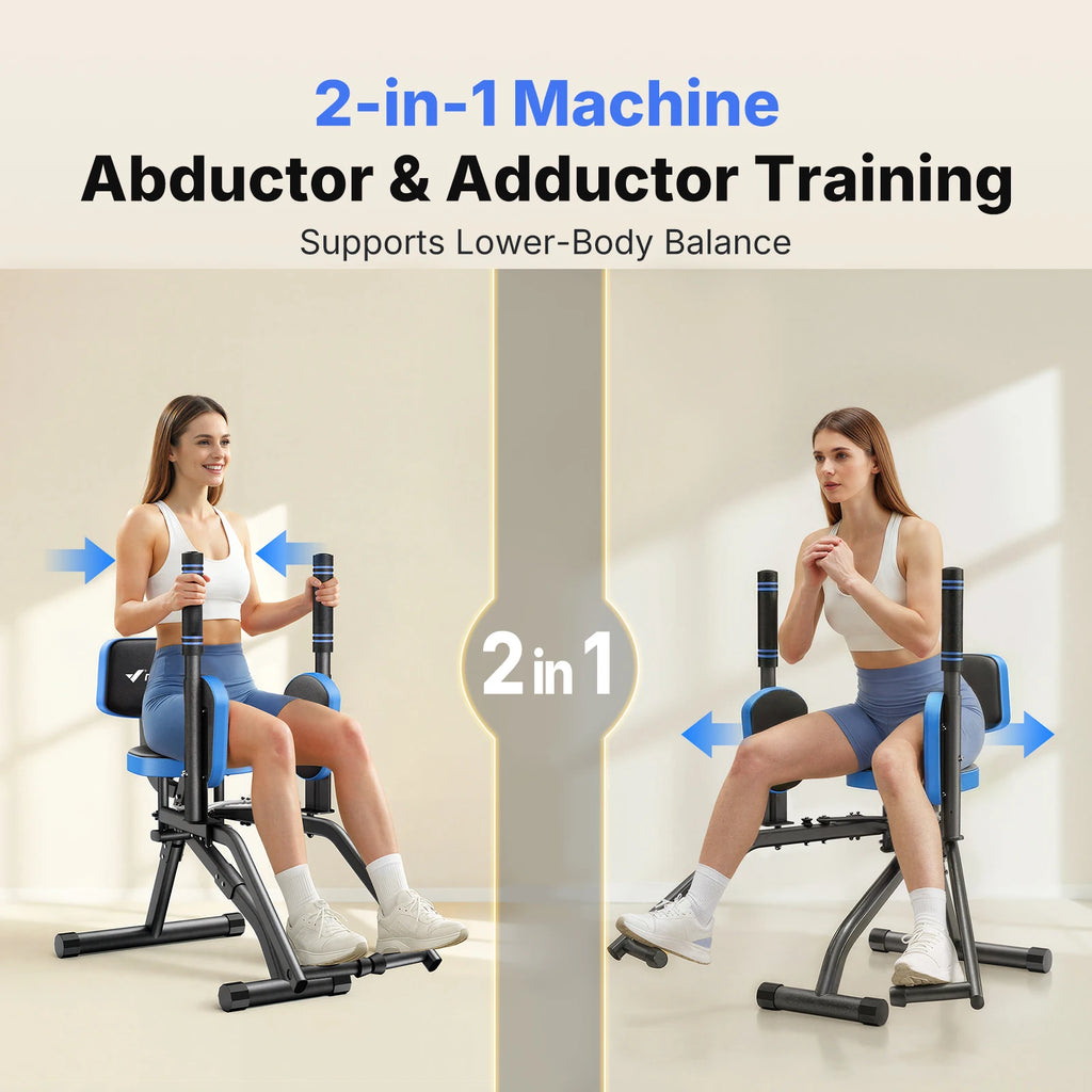 Hip Abductor and Adductor Trainer Adjustable Resistance Glute and Inner Thigh Workout Machine for Home Gym featuring Dual Foot Bar 360 Degree Rotating Leg Pads and Bands