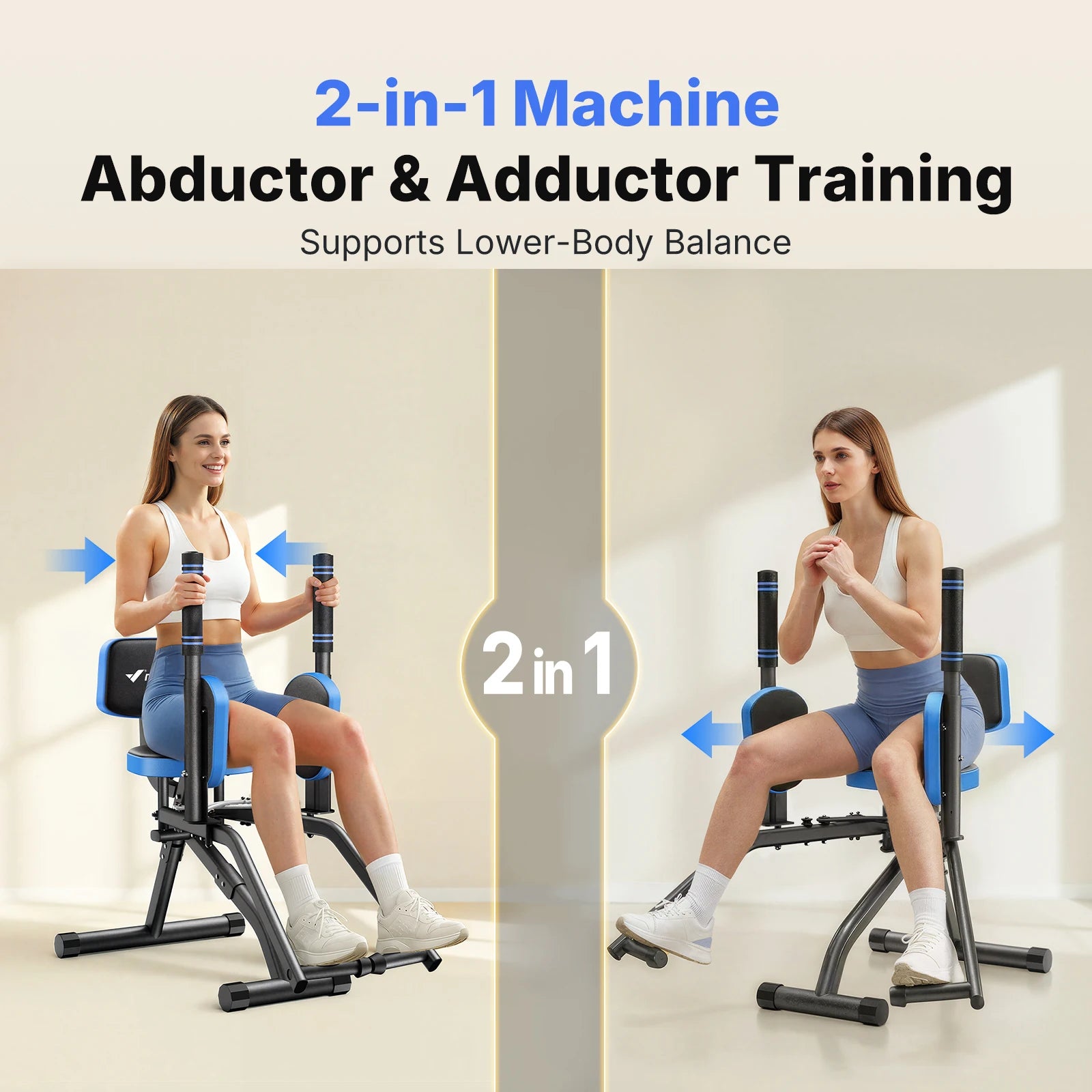 Hip Abductor and Adductor Trainer Adjustable Resistance Glute and Inner Thigh Workout Machine for Home Gym featuring Dual Foot Bar 360 Degree Rotating Leg Pads and Bands