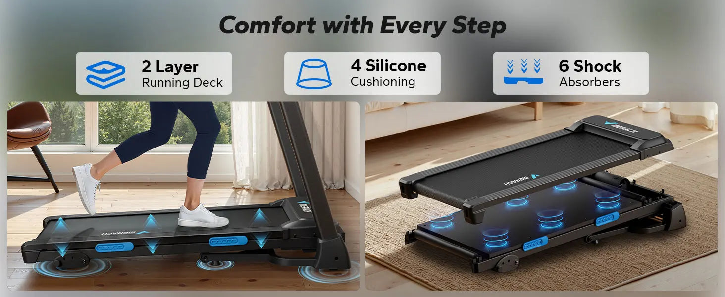 Foldable Treadmill with Incline, Quiet Double‑Deck Technology, 4‑Point Silicone Shock Cushion, Heart Rate Monitoring