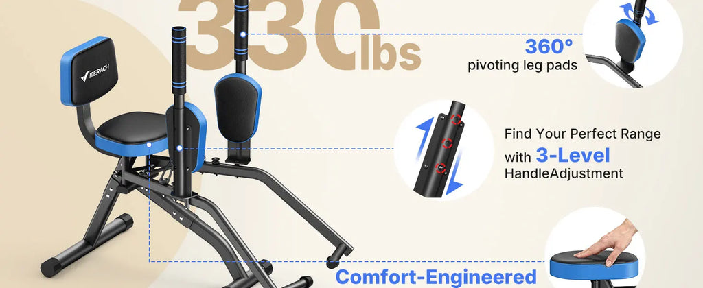 Hip Abductor and Adductor Trainer Adjustable Resistance Glute and Inner Thigh Workout Machine for Home Gym featuring Dual Foot Bar 360 Degree Rotating Leg Pads and Bands