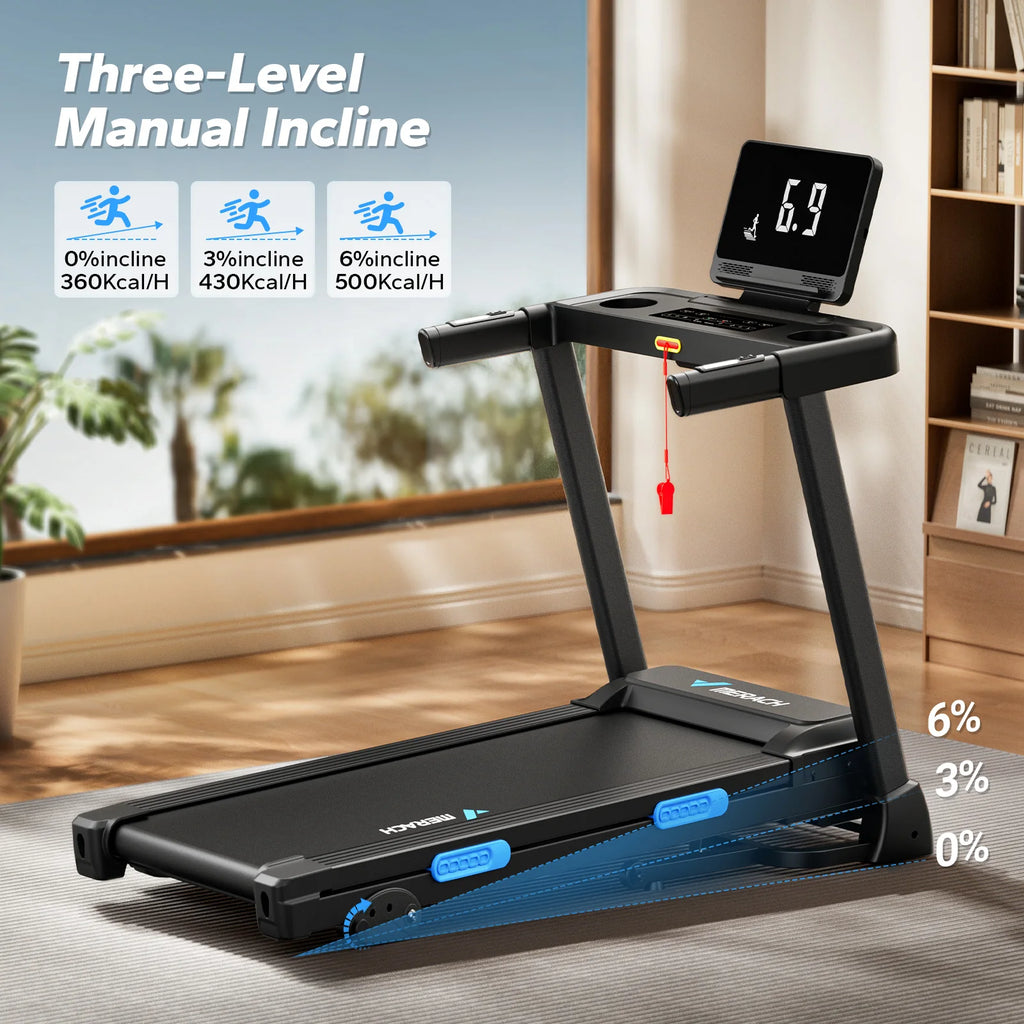 Foldable Treadmill with Incline, Quiet Double‑Deck Technology, 4‑Point Silicone Shock Cushion, Heart Rate Monitoring