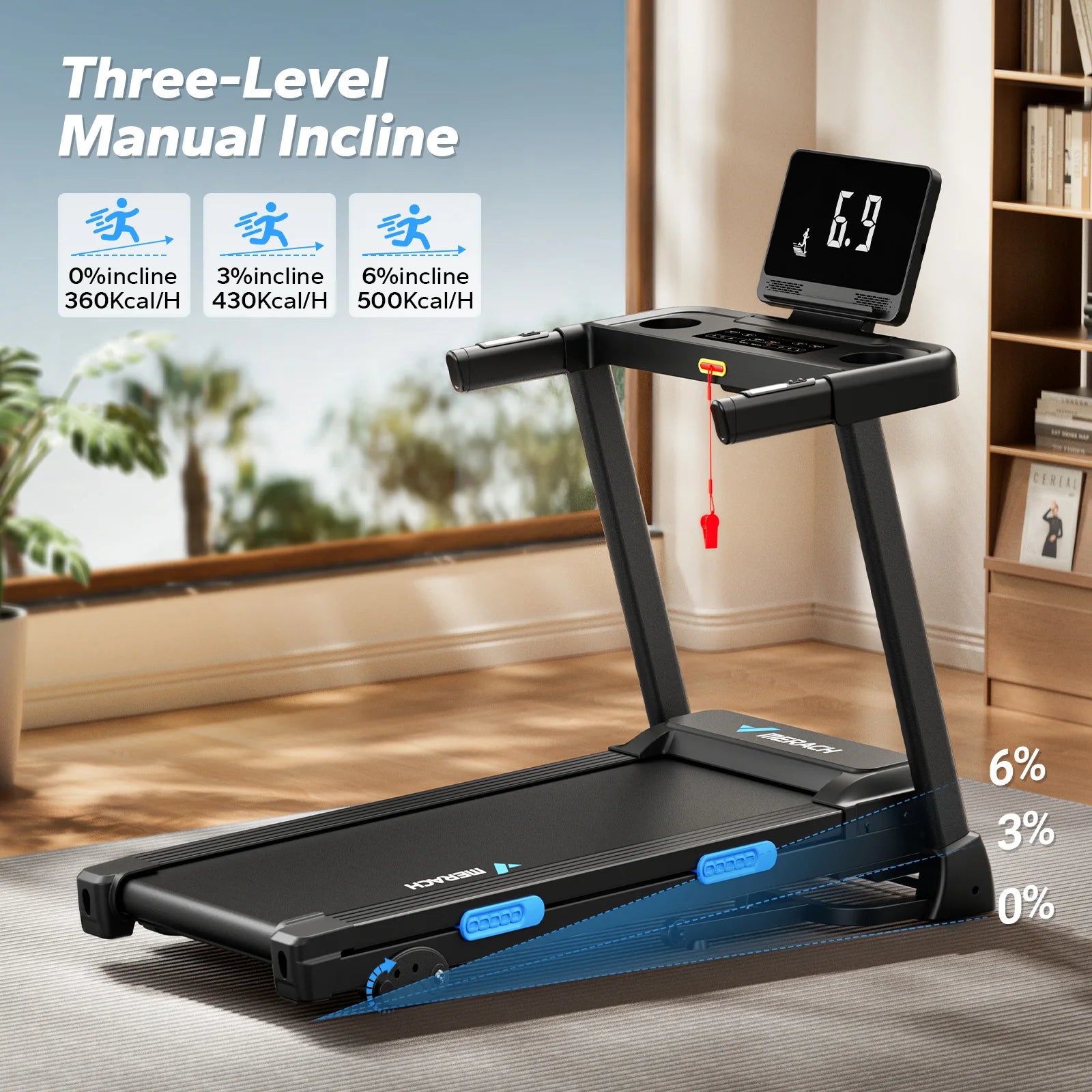 Foldable Treadmill with Incline, Quiet Double‑Deck Technology, 4‑Point Silicone Shock Cushion, Heart Rate Monitoring