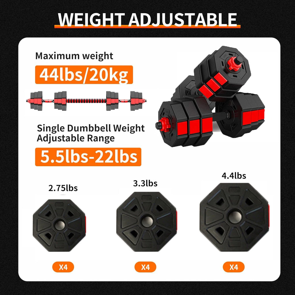 Adjustable Dumbbell Set with 2 in 1 Convertible Barbell 5.5 to 44lbs Rubber Coated Weights for Home Gym Strength Training