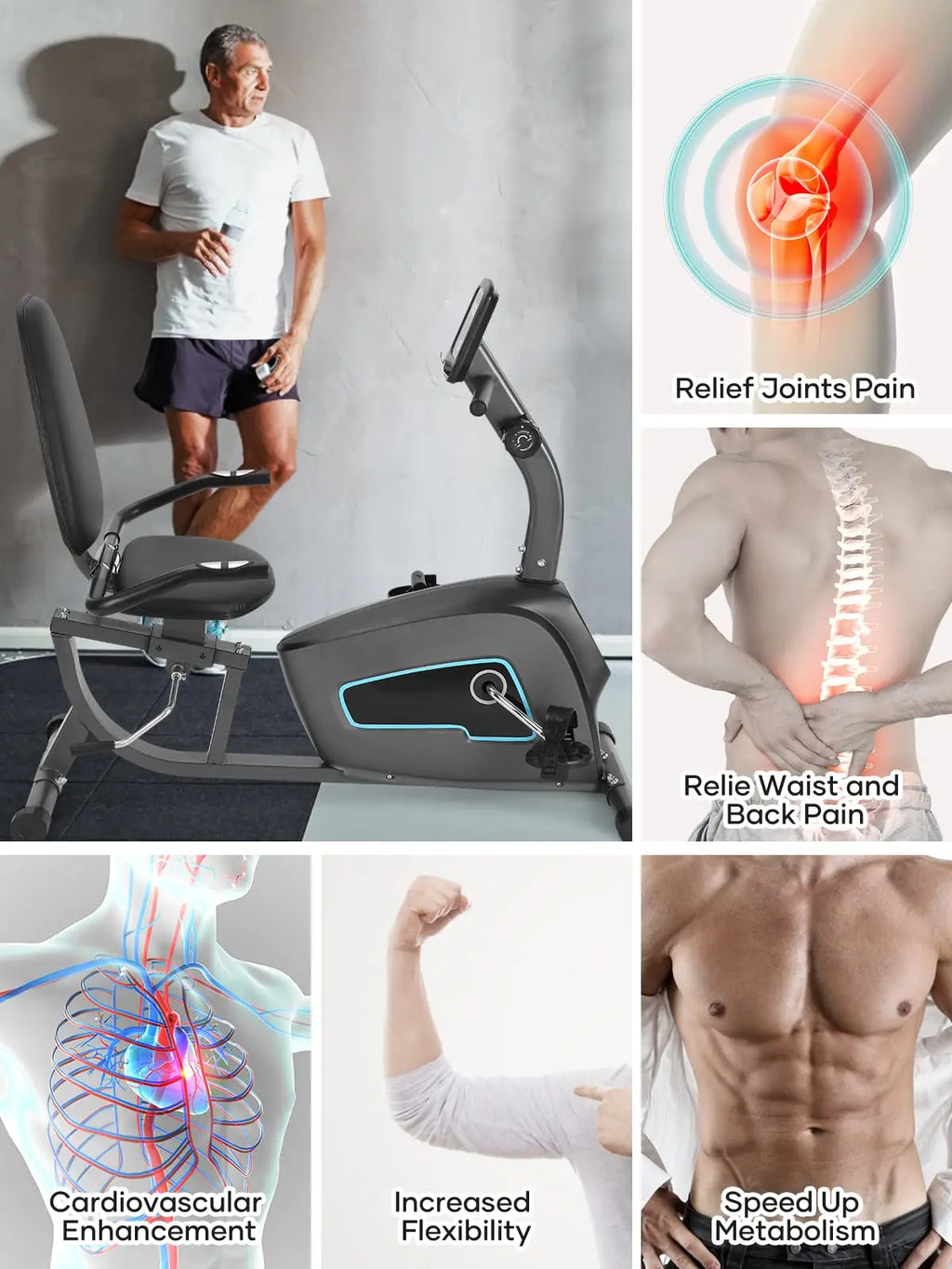 Recumbent Exercise Bike for Home Stationary Bike Quiet 8 Level Resistance Large Comfortable Seat with Heart Rate Handles