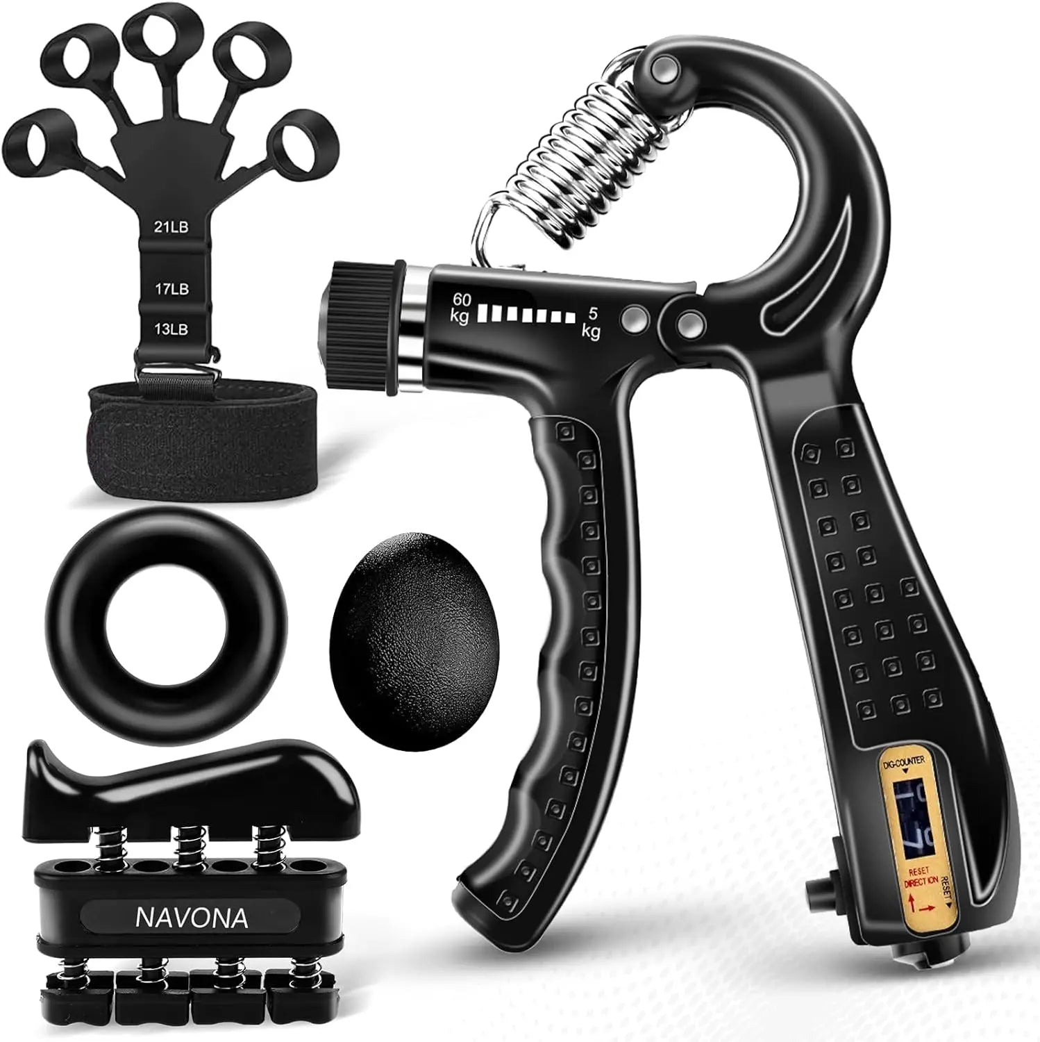 Grip Trainer Kit with Adjustable Hand Gripper Finger and Hand Exercisers Stress Ball and Forearm Ring for Strength and Recovery
