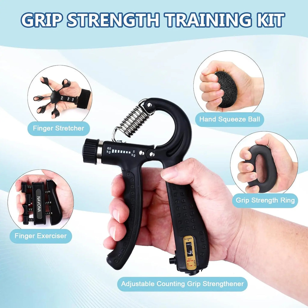 Grip Trainer Kit with Adjustable Hand Gripper Finger and Hand Exercisers Stress Ball and Forearm Ring for Strength and Recovery