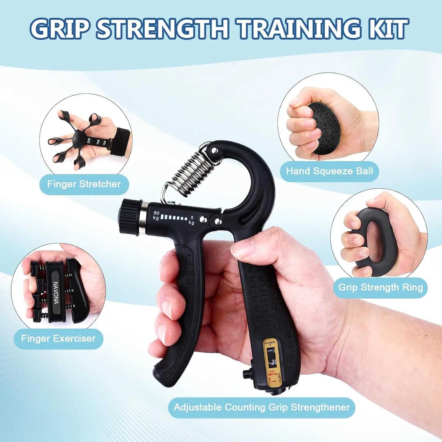 Grip Trainer Kit with Adjustable Hand Gripper Finger and Hand Exercisers Stress Ball and Forearm Ring for Strength and Recovery