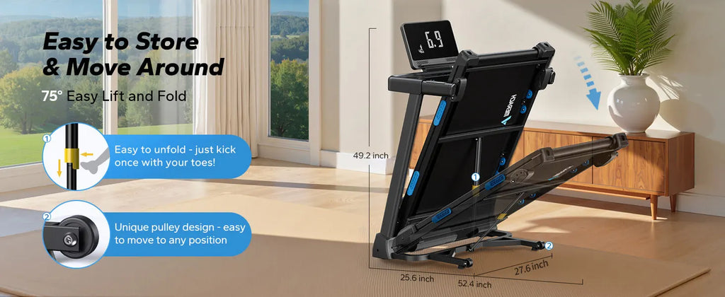 Foldable Treadmill with Incline, Quiet Double‑Deck Technology, 4‑Point Silicone Shock Cushion, Heart Rate Monitoring