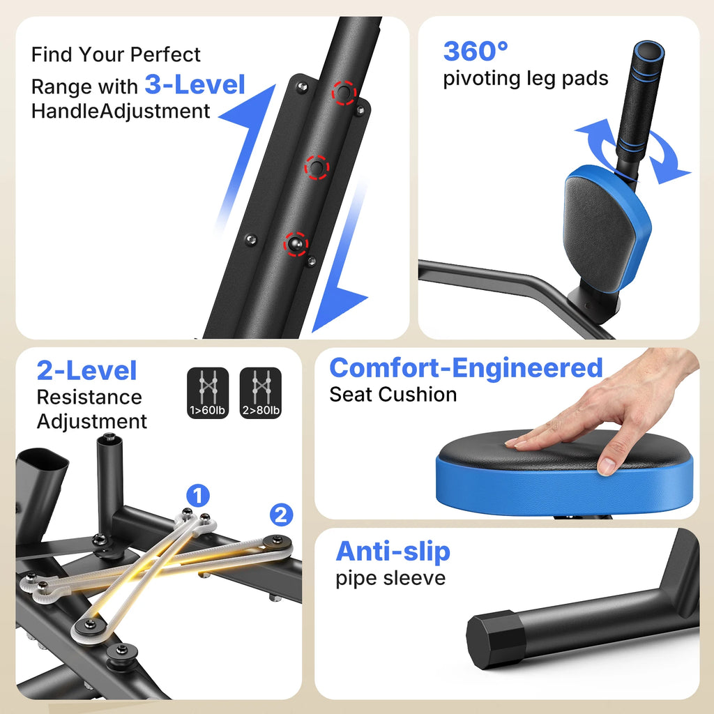 Hip Abductor and Adductor Trainer Adjustable Resistance Glute and Inner Thigh Workout Machine for Home Gym featuring Dual Foot Bar 360 Degree Rotating Leg Pads and Bands