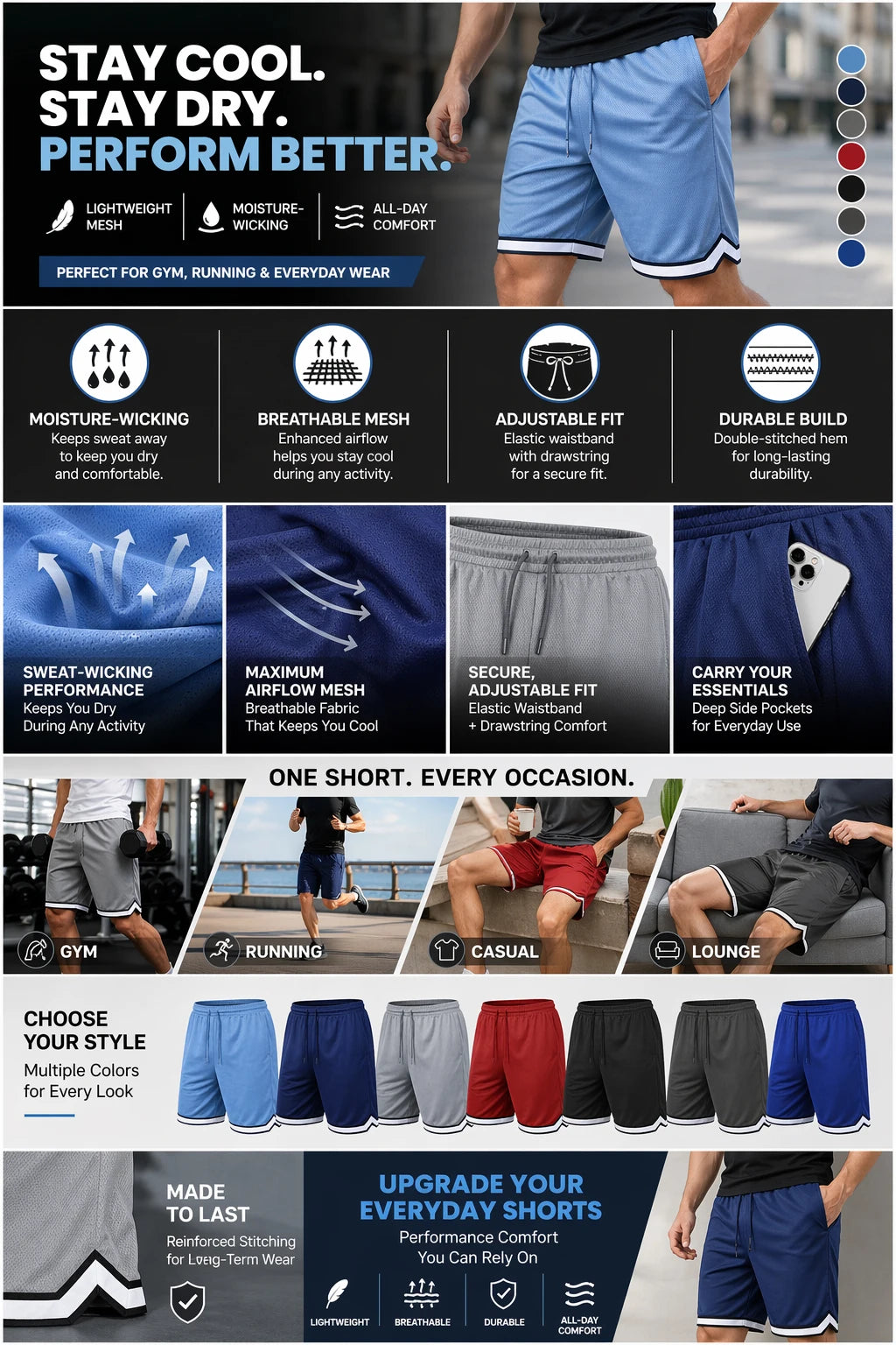Men's Lightweight Breathable Moisture Wicking Mesh Atheletic Shorts with Pockets
