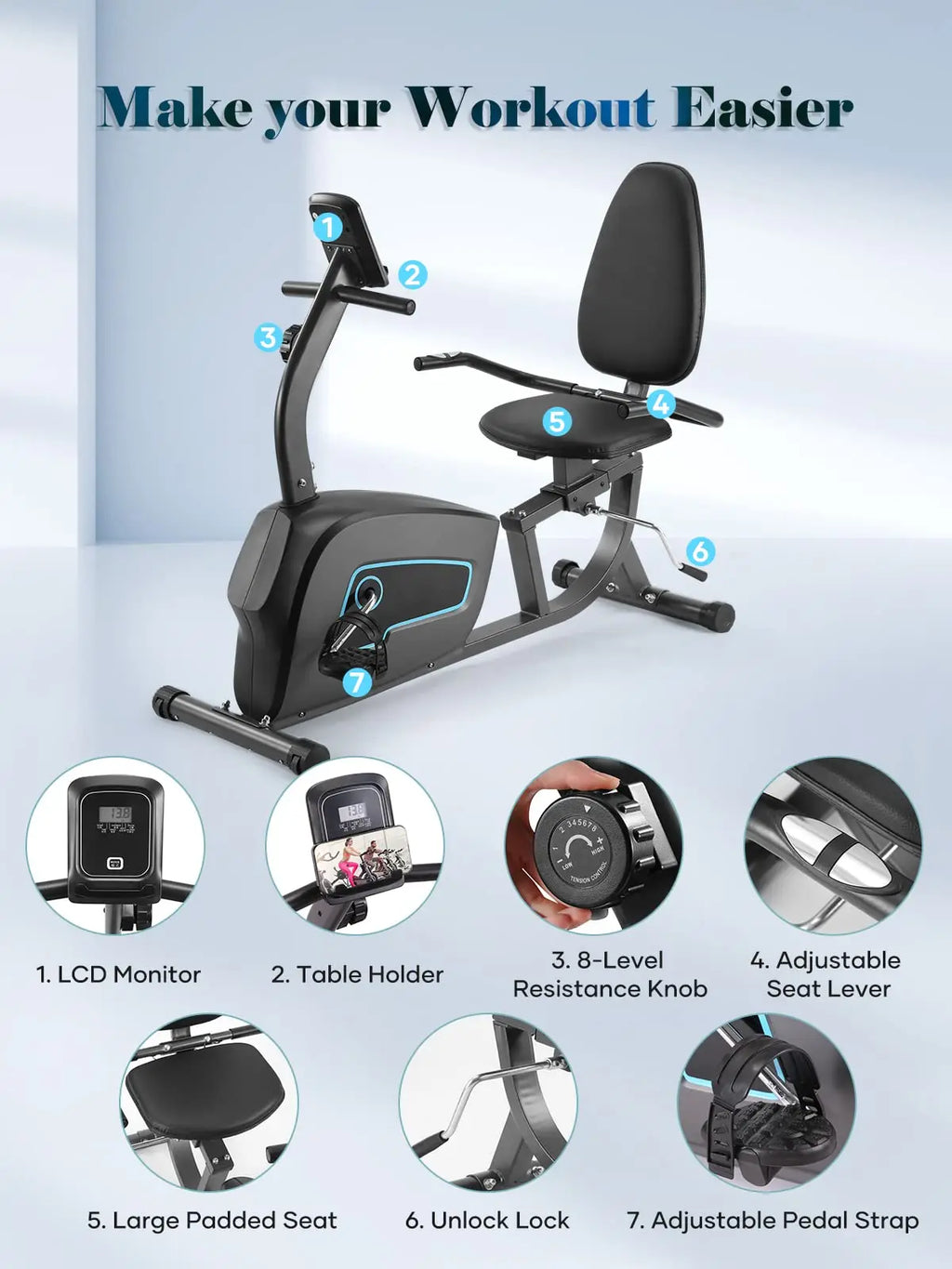 Recumbent Exercise Bike for Home Stationary Bike Quiet 8 Level Resistance Large Comfortable Seat with Heart Rate Handles