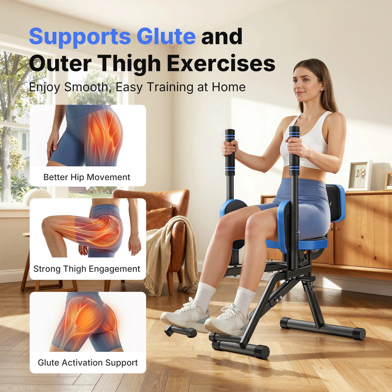 Hip Abductor and Adductor Trainer Adjustable Resistance Glute and Inner Thigh Workout Machine for Home Gym featuring Dual Foot Bar 360 Degree Rotating Leg Pads and Bands