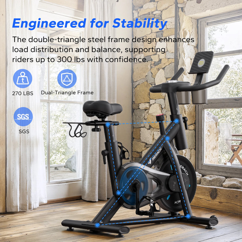 Exercise Bike – Brake Pad/Magnetic Stationary Indoor Cycling Bike, Low‑Noise Design with App Compatibility, Tablet Mount & Fitness Courses