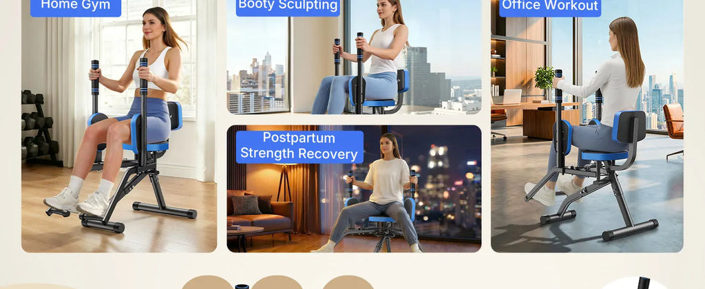Hip Abductor and Adductor Trainer Adjustable Resistance Glute and Inner Thigh Workout Machine for Home Gym featuring Dual Foot Bar 360 Degree Rotating Leg Pads and Bands