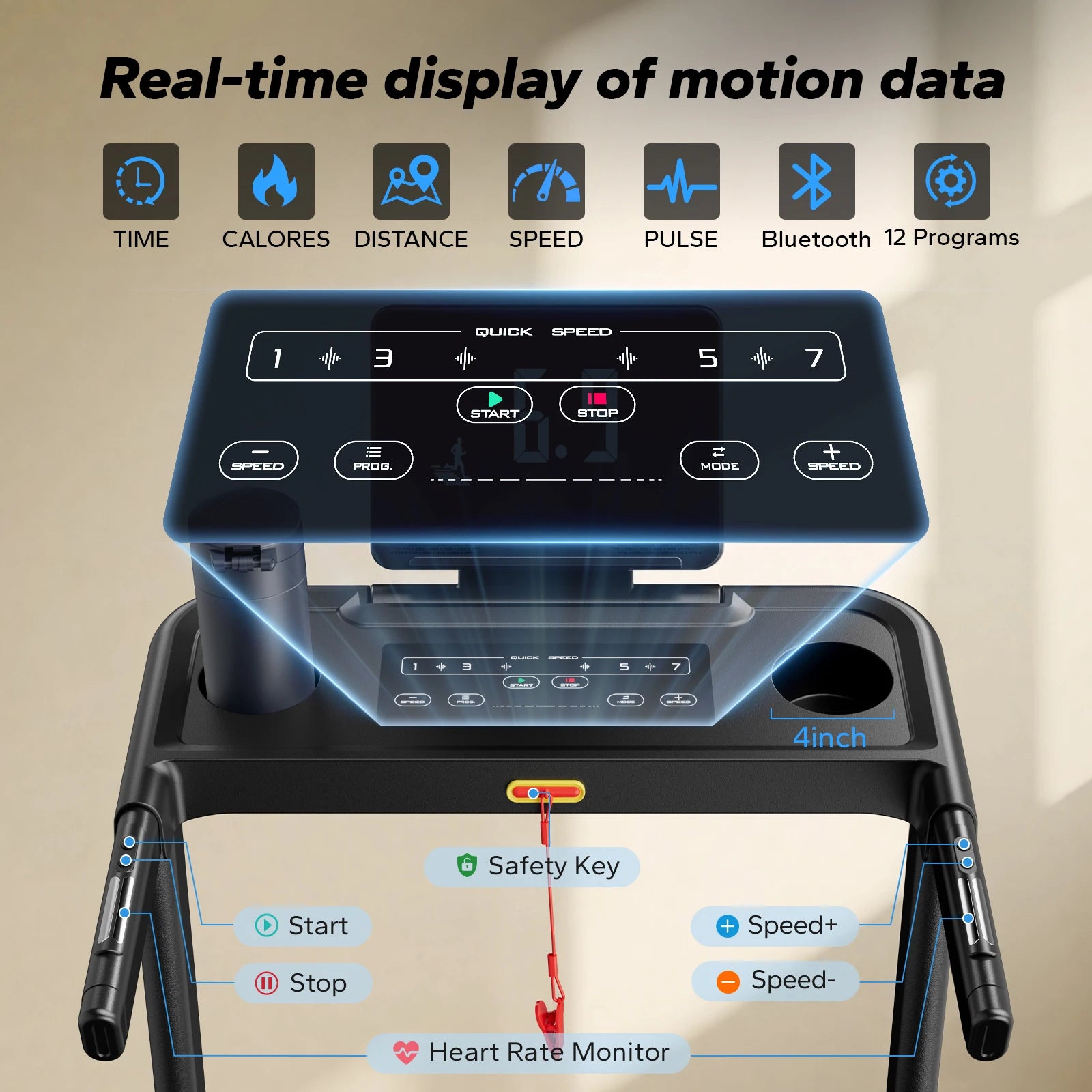 Foldable Treadmill with Incline, Quiet Double‑Deck Technology, 4‑Point Silicone Shock Cushion, Heart Rate Monitoring