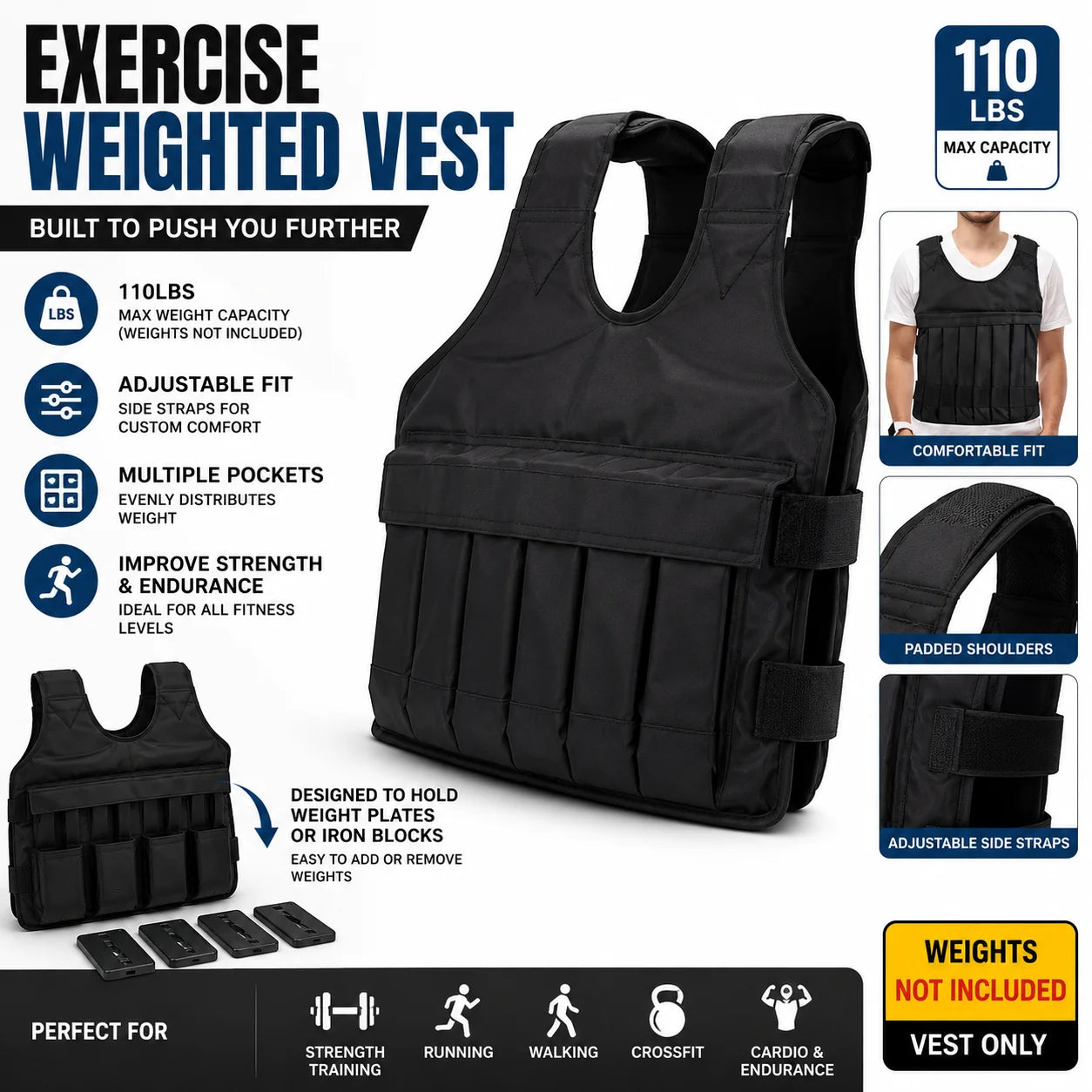 Adjustable Weighted Vest 110LB Capacity Exercise Workout Strength Training Fitness Vest – Weights Not Included