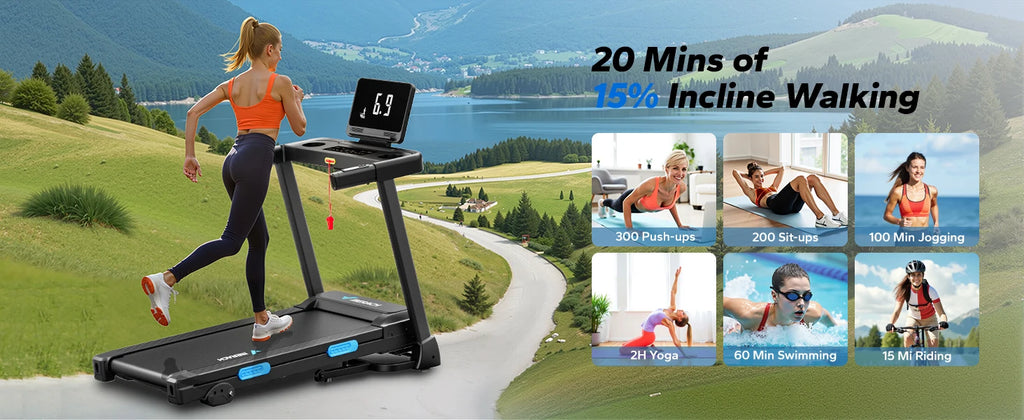 Foldable Treadmill with Incline, Quiet Double‑Deck Technology, 4‑Point Silicone Shock Cushion, Heart Rate Monitoring