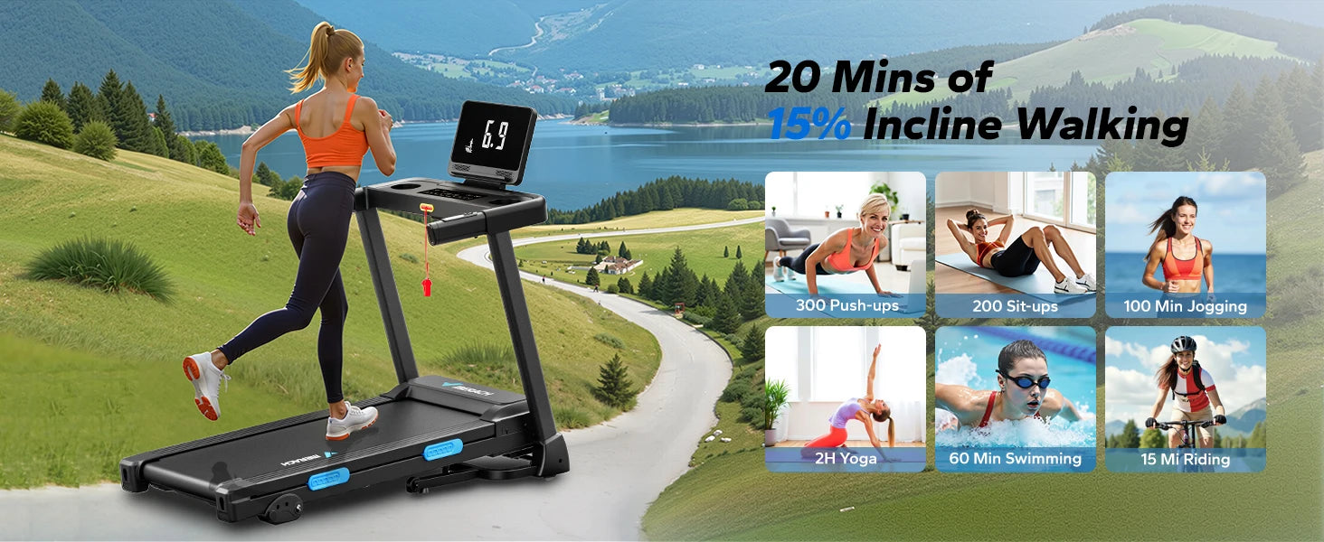 Foldable Treadmill with Incline, Quiet Double‑Deck Technology, 4‑Point Silicone Shock Cushion, Heart Rate Monitoring