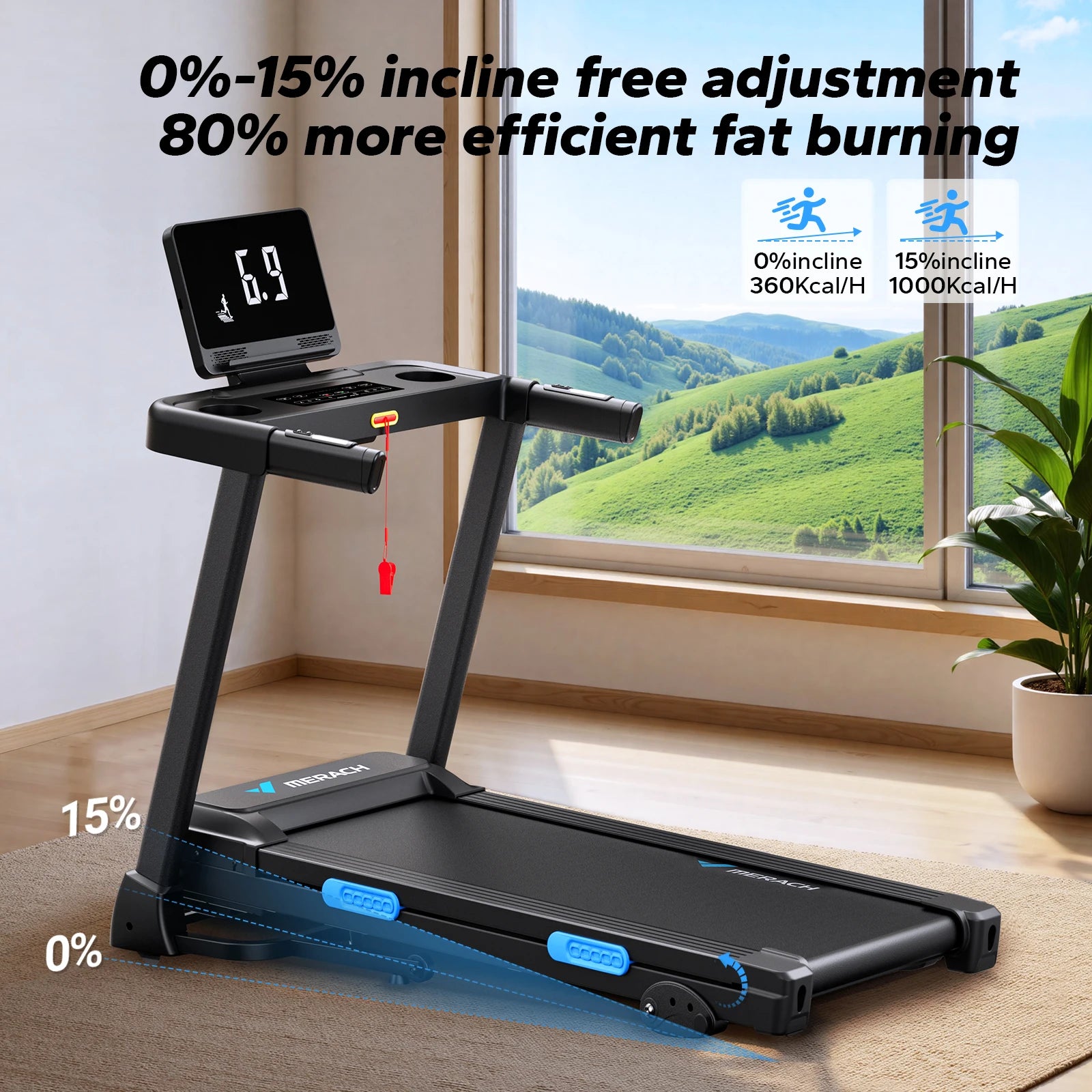 Foldable Treadmill with Incline, Quiet Double‑Deck Technology, 4‑Point Silicone Shock Cushion, Heart Rate Monitoring