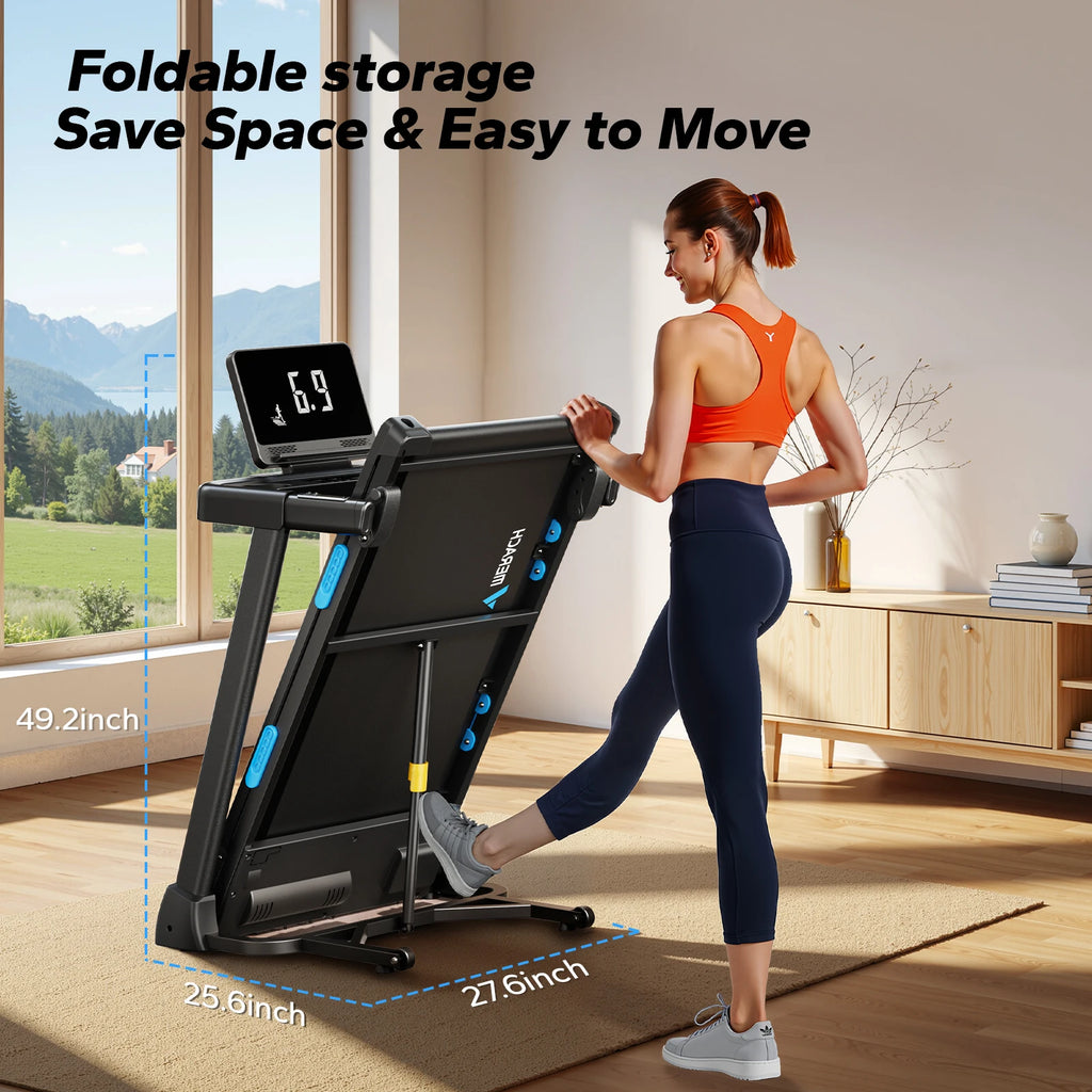 Foldable Treadmill with Incline, Quiet Double‑Deck Technology, 4‑Point Silicone Shock Cushion, Heart Rate Monitoring
