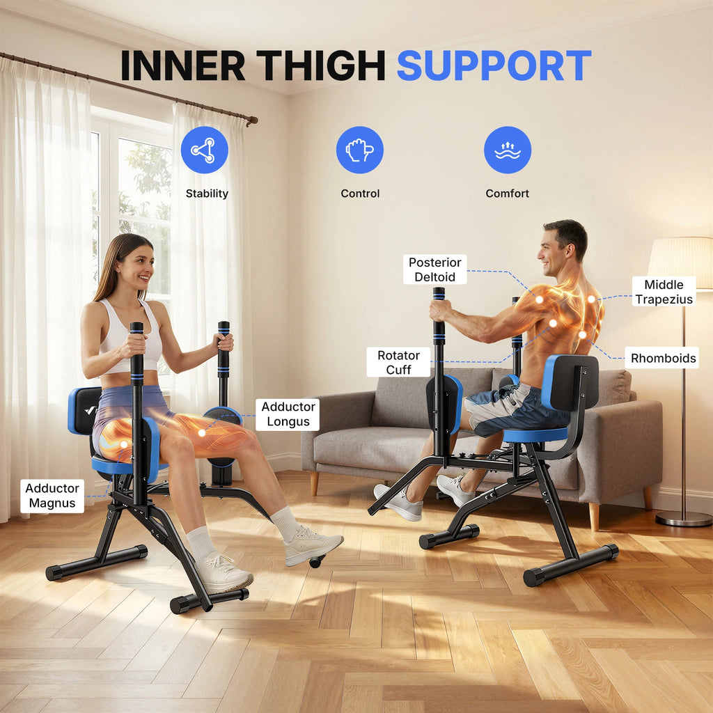 Hip Abductor and Adductor Trainer Adjustable Resistance Glute and Inner Thigh Workout Machine for Home Gym featuring Dual Foot Bar 360 Degree Rotating Leg Pads and Bands