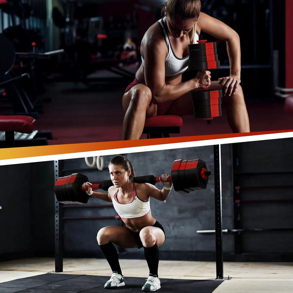 Adjustable Dumbbell Set with 2 in 1 Convertible Barbell 5.5 to 44lbs Rubber Coated Weights for Home Gym Strength Training