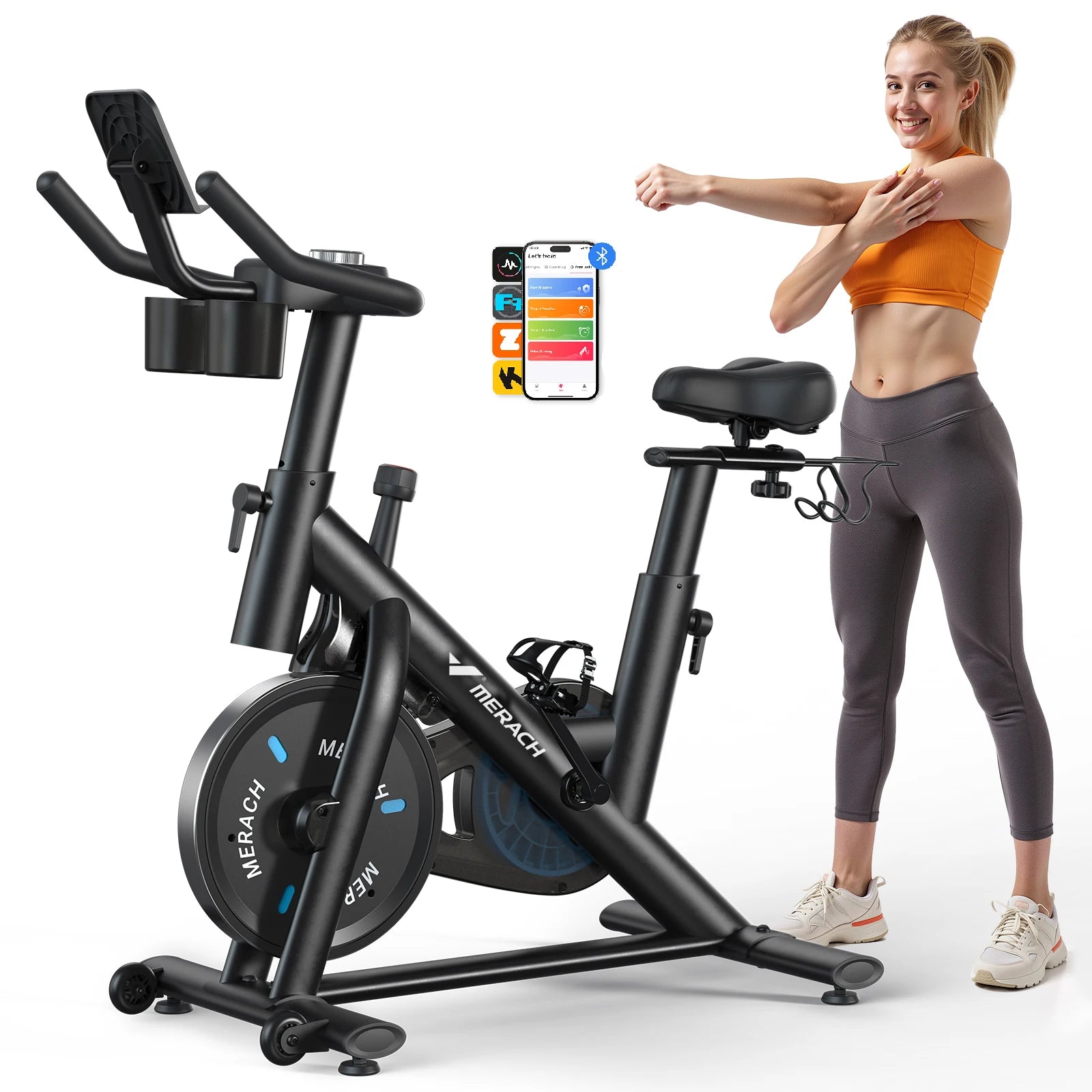 Exercise Bike – Brake Pad/Magnetic Stationary Indoor Cycling Bike, Low‑Noise Design with App Compatibility, Tablet Mount & Fitness Courses