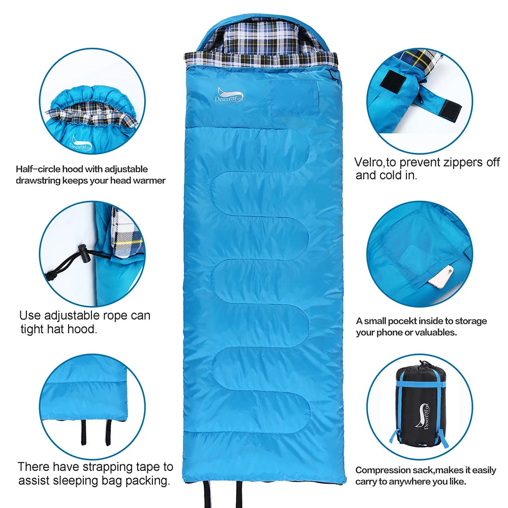 Soft Flannel Sleeping Bag with Pillow for Adults and Kids, Winter‑Ready Warm Lining, Hiking and Camping Bag with Carry Sack