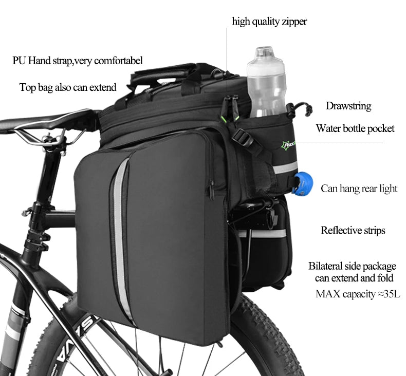 ROCKBROS 3‑in‑1 Bike Panniers, Waterproof 35L Rear Rack Trunk Bag for MTB and Road Cycling, Travel Luggage Cargo Bags