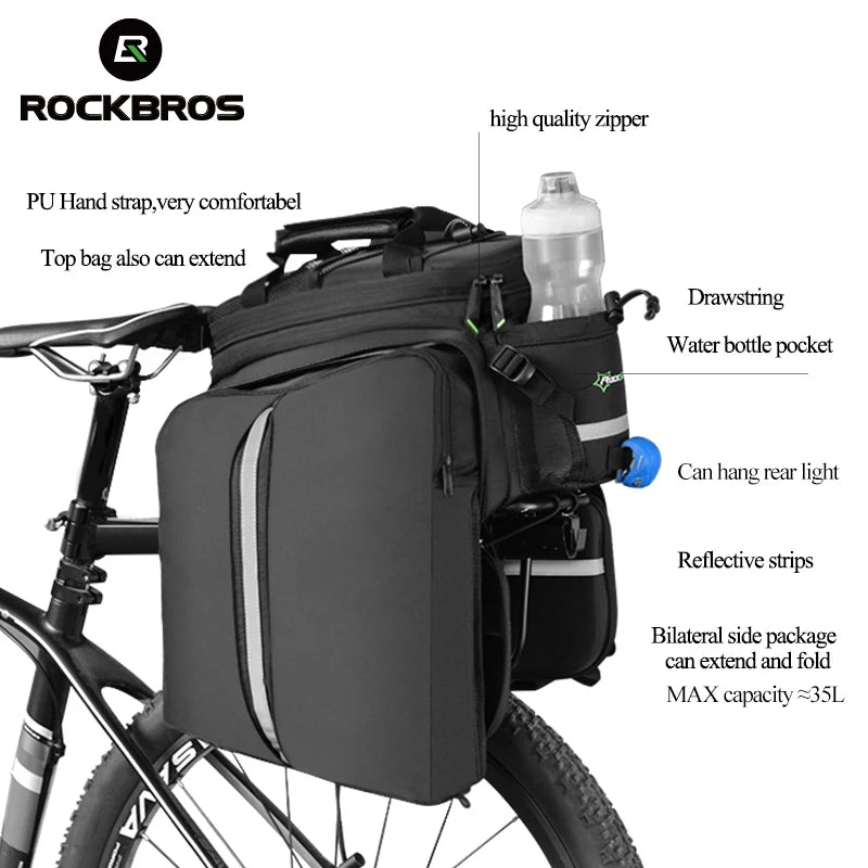 ROCKBROS 3‑in‑1 Bike Panniers, Waterproof 35L Rear Rack Trunk Bag for MTB and Road Cycling, Travel Luggage Cargo Bags