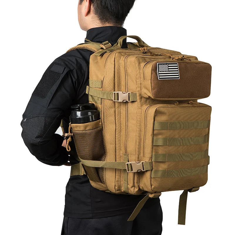 45L Tactical Backpack Survival Bag Hunting MOLLE Backpack Gym Men EDC Outdoor Hiking Rucksack with Bottle Holder