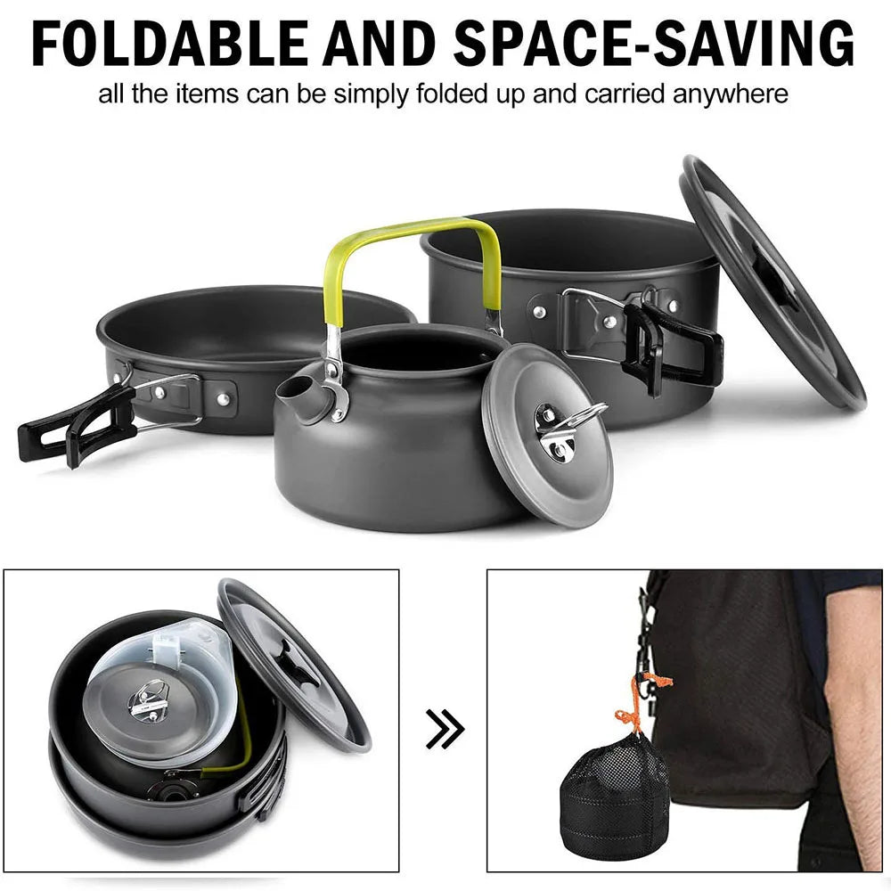 Outdoor Camping Cookware Set Aluminum Non Stick Pot Portable Tableware Cookware Cooking Pot Bowl for Hiking BBQ Picnic