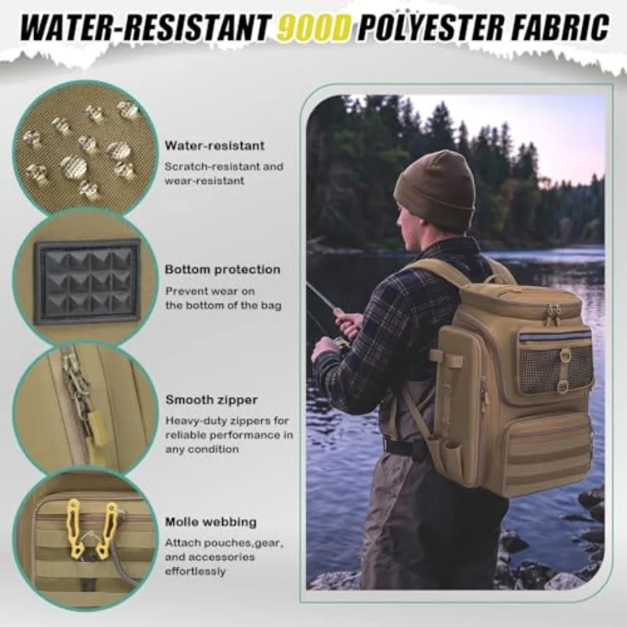 Fishing Backpack 45L Water Resistant Gear Bag with Rod Holders and Large Capacity for Travel and Outdoor Use