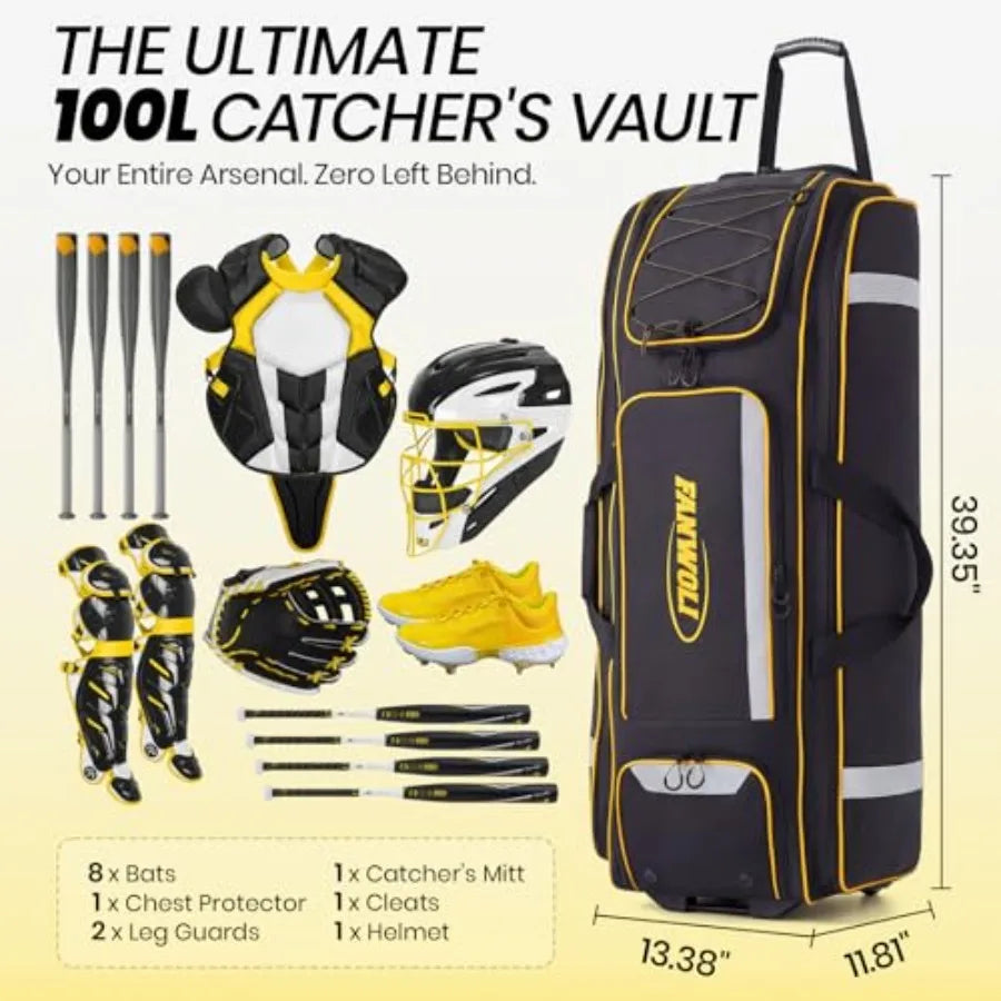 100L Rolling Baseball Catchers Gear Bag Large Softball Equipment Duffle with Wheels Locker Style Organizer with 5 Fence Hooks