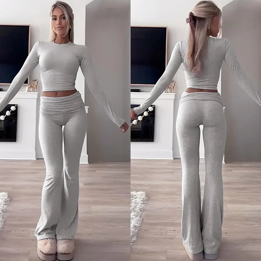 Autumn New Round Neck Short Fit Long Sleeve T Shirt Mildly Spicy Pants Casual Sports Yoga Two Piece Set Women’s Fashion