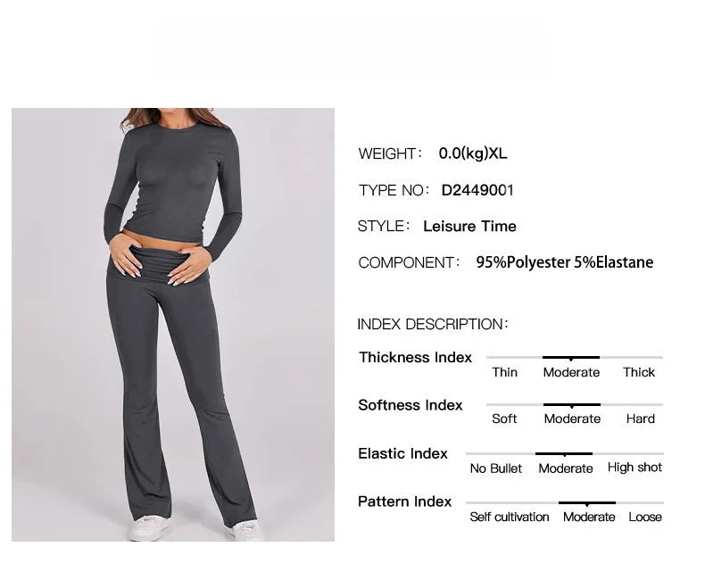 Women’s Casual Long Sleeve Knitted Pants Set Pure Color Slim Fit Spring Summer Fashionable Commute Style Ladies Suit