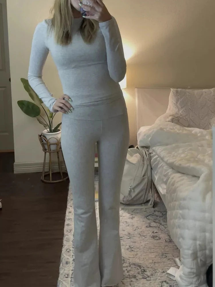 Women’s 2 Piece Lounge Set Fold Over Flare Pants and Cropped Top Slim Fit Casual Pajama Outfit