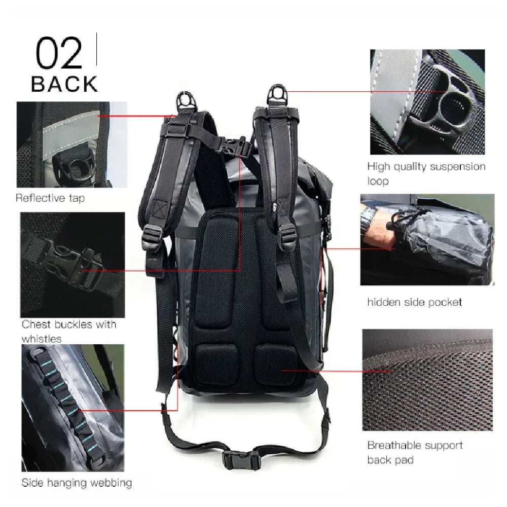 Waterproof Backpack Floating Dry Bag 30L Cushioned Back Hip Strap for Hiking Camping Kayaking Travel Diving Rafting