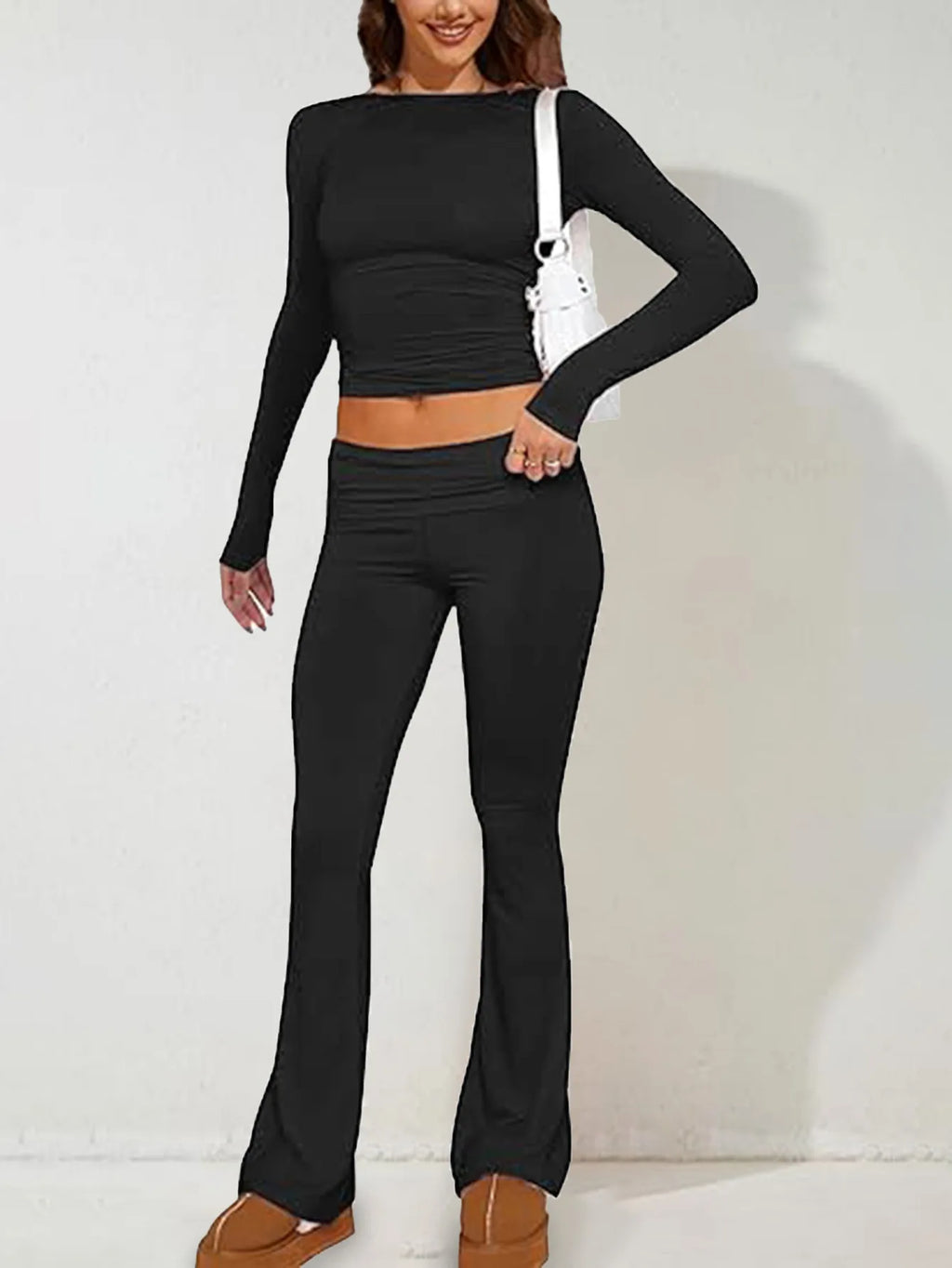 Women’s Casual Long Sleeve Knitted Pants Set Pure Color Slim Fit Spring Summer Fashionable Commute Style Ladies Suit