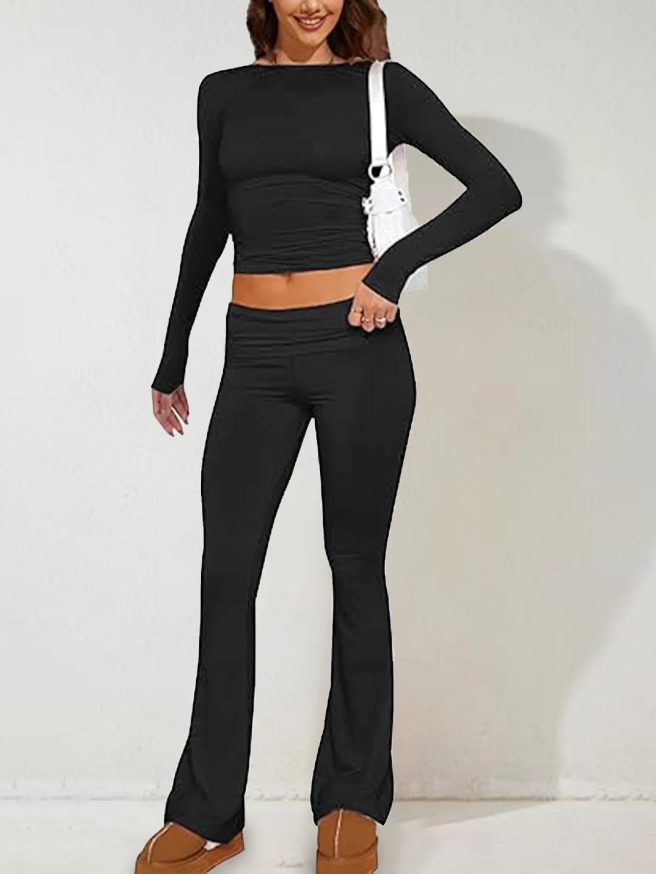 Women’s Casual Long Sleeve Knitted Pants Set Pure Color Slim Fit Spring Summer Fashionable Commute Style Ladies Suit