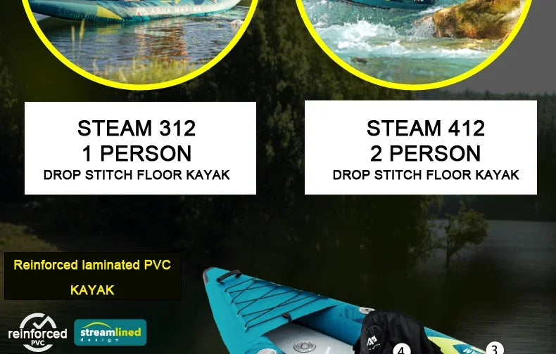STEAM Aqua Marina Kayak 2025 Upgraded Printing Pattern Reinforced PVC Drop‑Stitch Floor V‑Shape Keel High‑Back Seat Fins and Footrest, Single or Tandem