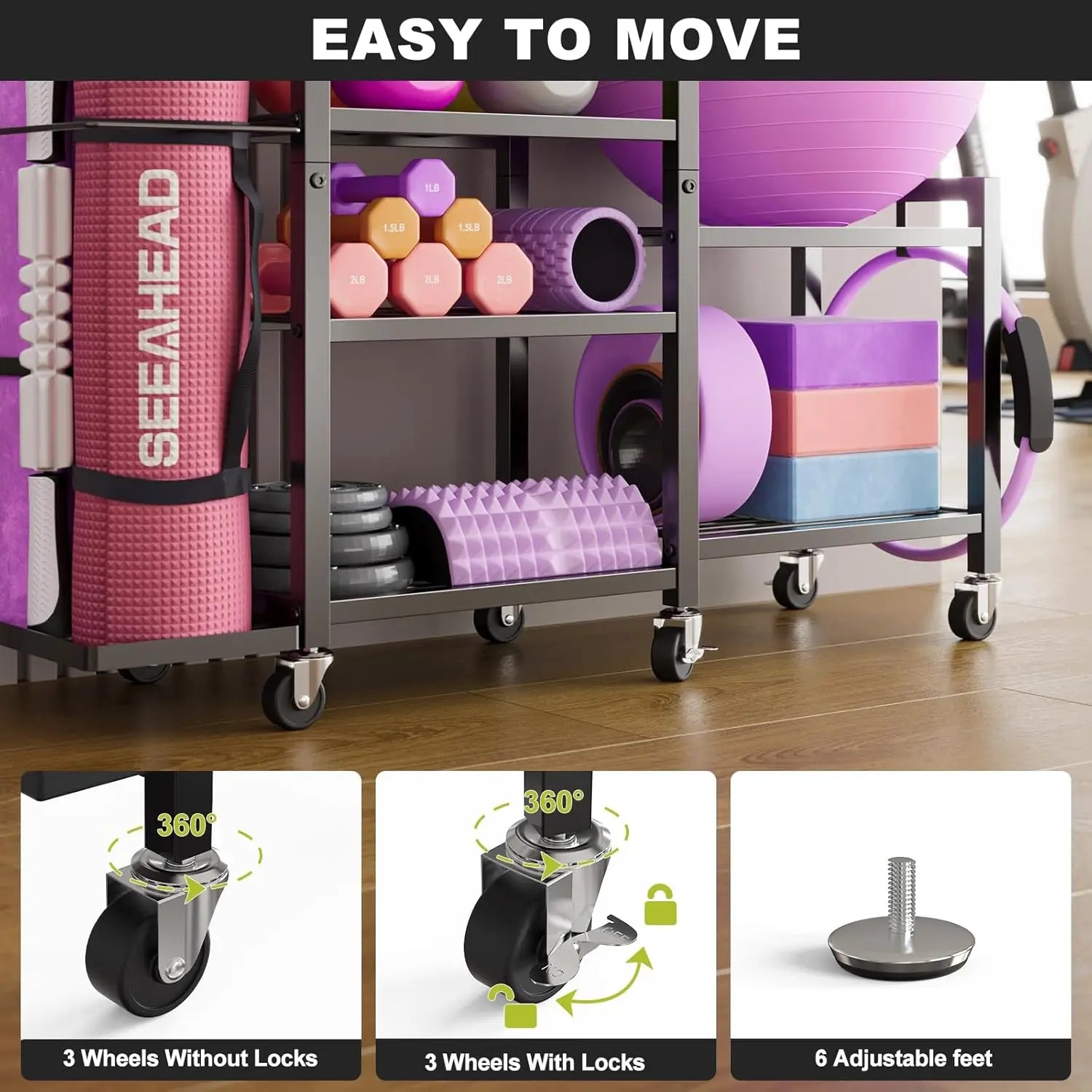 6 Tier Adjustable Gym Storage Rack with Wheels for Dumbbells Yoga Mats and Fitness Equipment