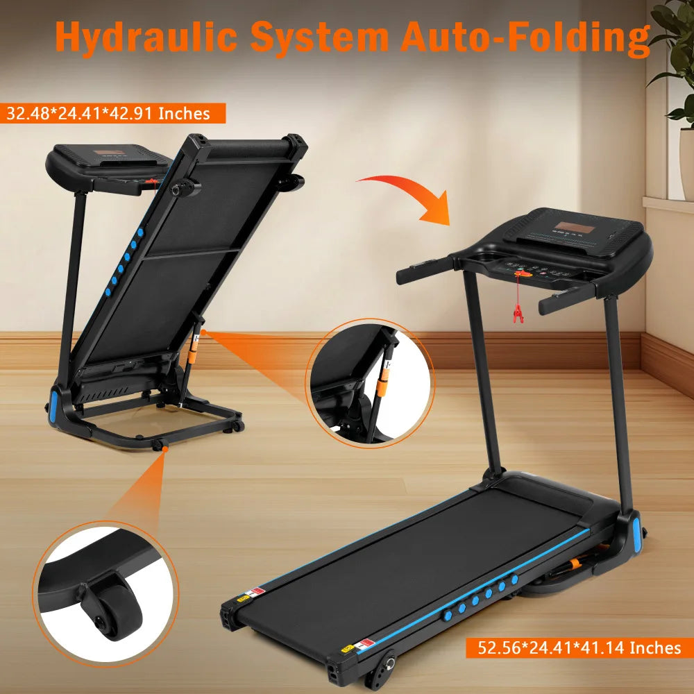 Incline Treadmill for Running and Walking 3.0 HP with 350 lb Capacity Hydraulic Auto Folding Type C and USB Charging up to 10MPH plus Bluetooth Speaker