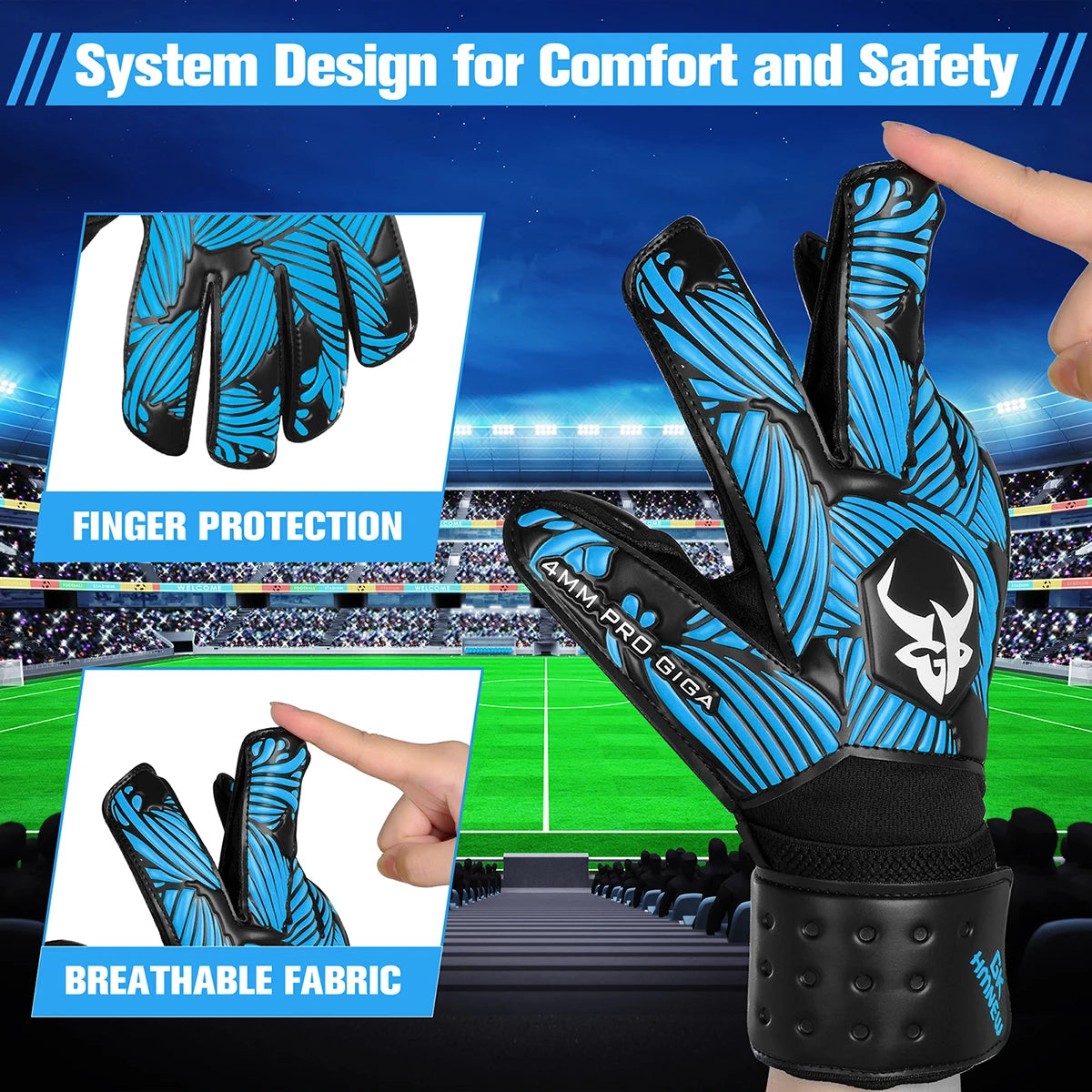 Soccer Goalie Goalkeeper Gloves Strong Grip with Finger Protect and 4+3mm Latex for Kids Youth and Adults