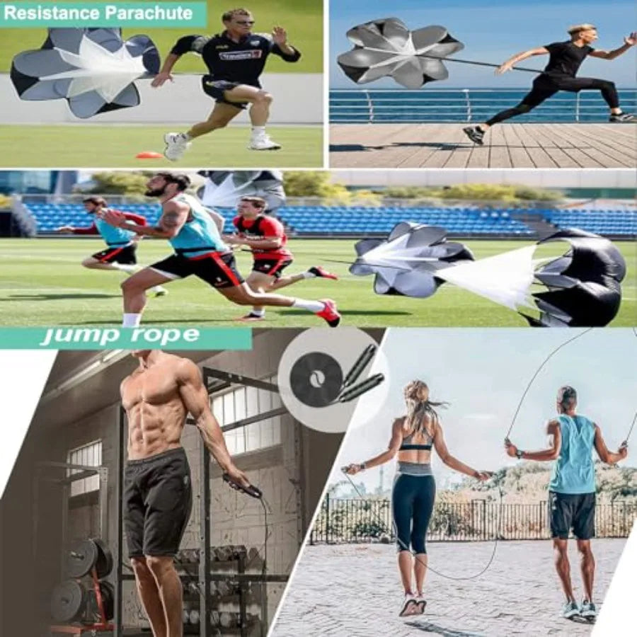 Agility Ladder Set 20ft with 4 Hurdles 12 Cones Jump Rope and Running Parachute Complete Speed and Agility Training Kit