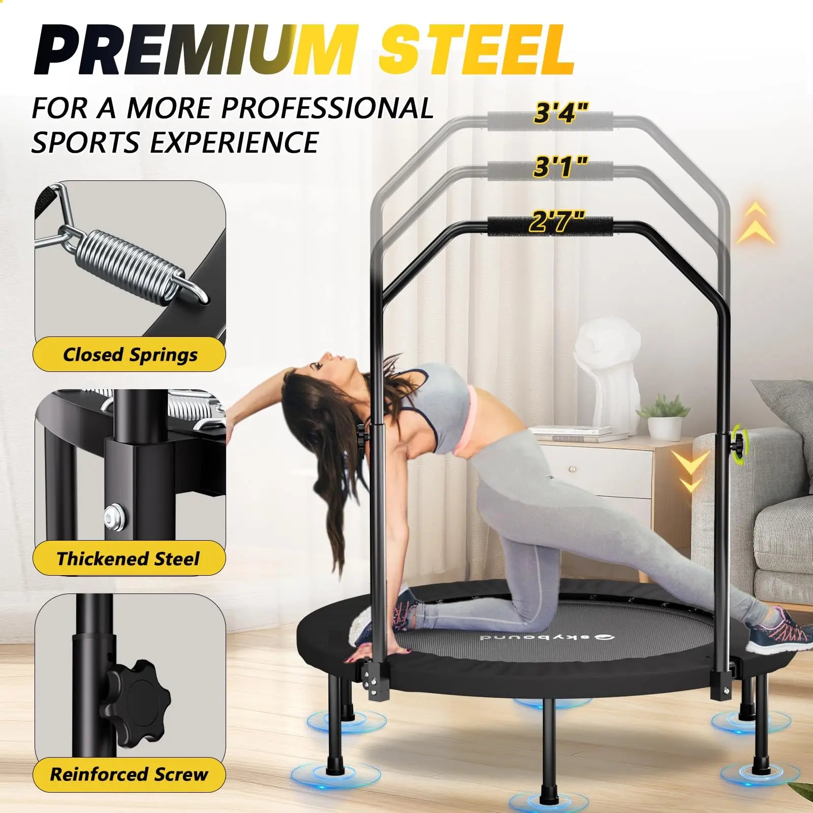 Rebounder Trampoline for Adults 40in Foldable Mini Fitness Trampoline with Adjustable U Bar Handle and 350lb Capacity